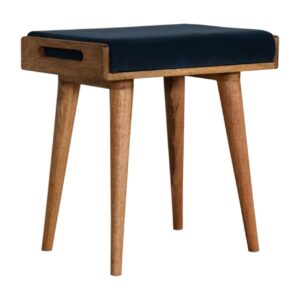 Solid Oak Finished Mango Wood Scandinavian Style Teal Velvet Tray Footstool