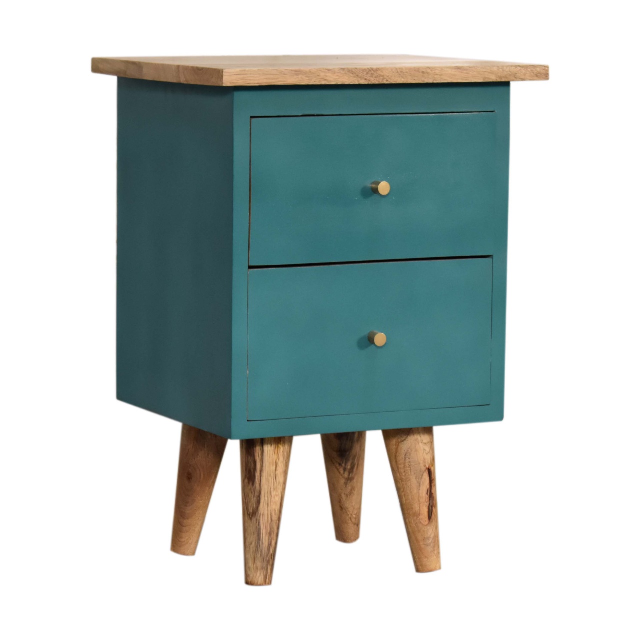 Solid Mango Wood Oak Finished Teal Painted Two Drawer Bedside Table/Cabinet - Image 2