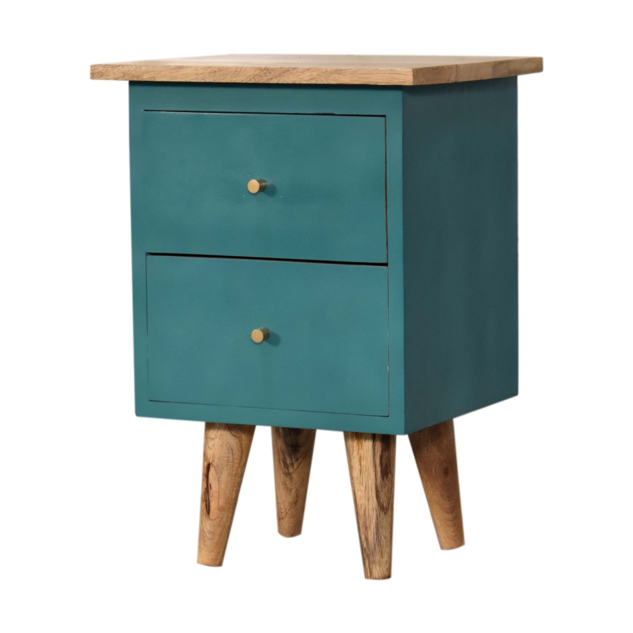 Solid Mango Wood Oak Finished Teal Painted Two Drawer Bedside Table/Cabinet - Image 3