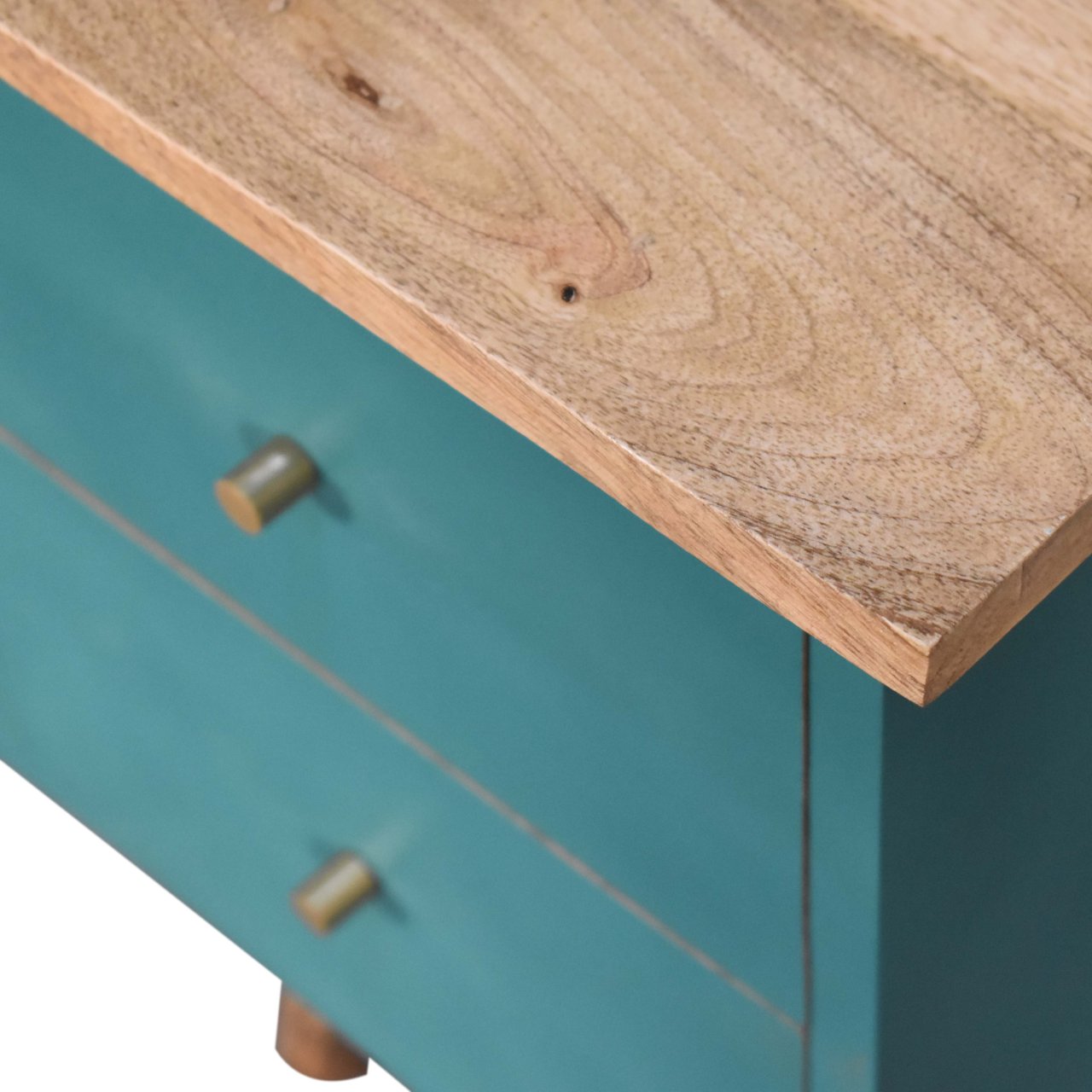 Solid Mango Wood Oak Finished Teal Painted Two Drawer Bedside Table/Cabinet - Image 5