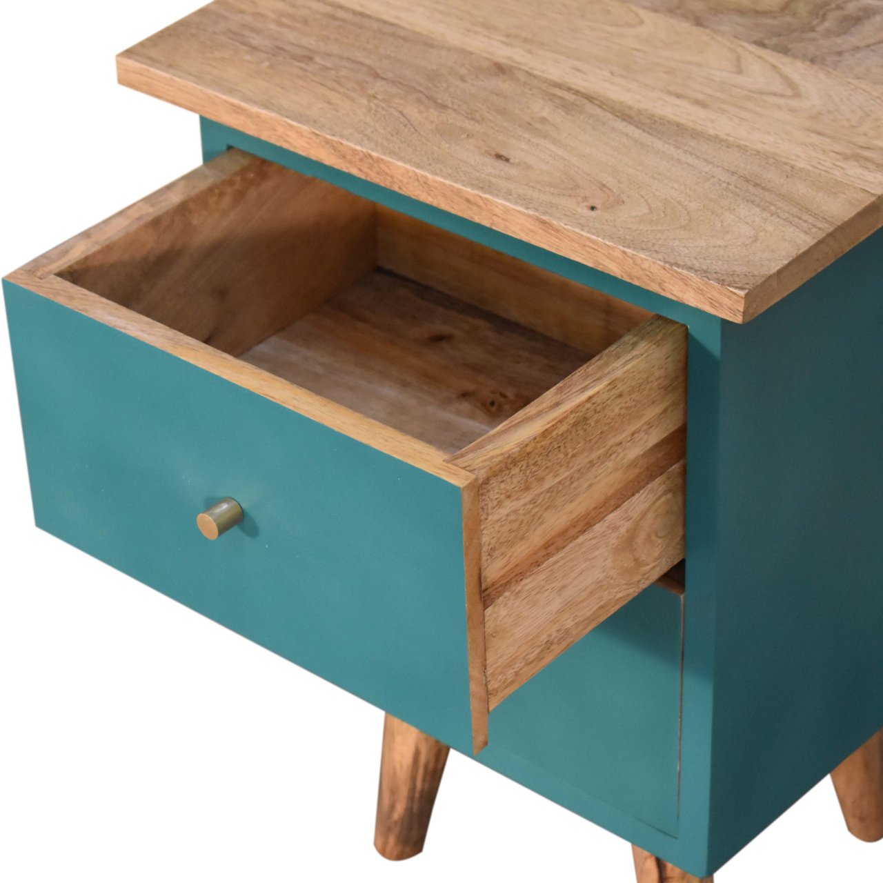 Solid Mango Wood Oak Finished Teal Painted Two Drawer Bedside Table/Cabinet - Image 6