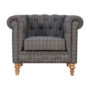 Solid Mango Wood Natural Finished Pewter Tweed Chesterfield Armchair