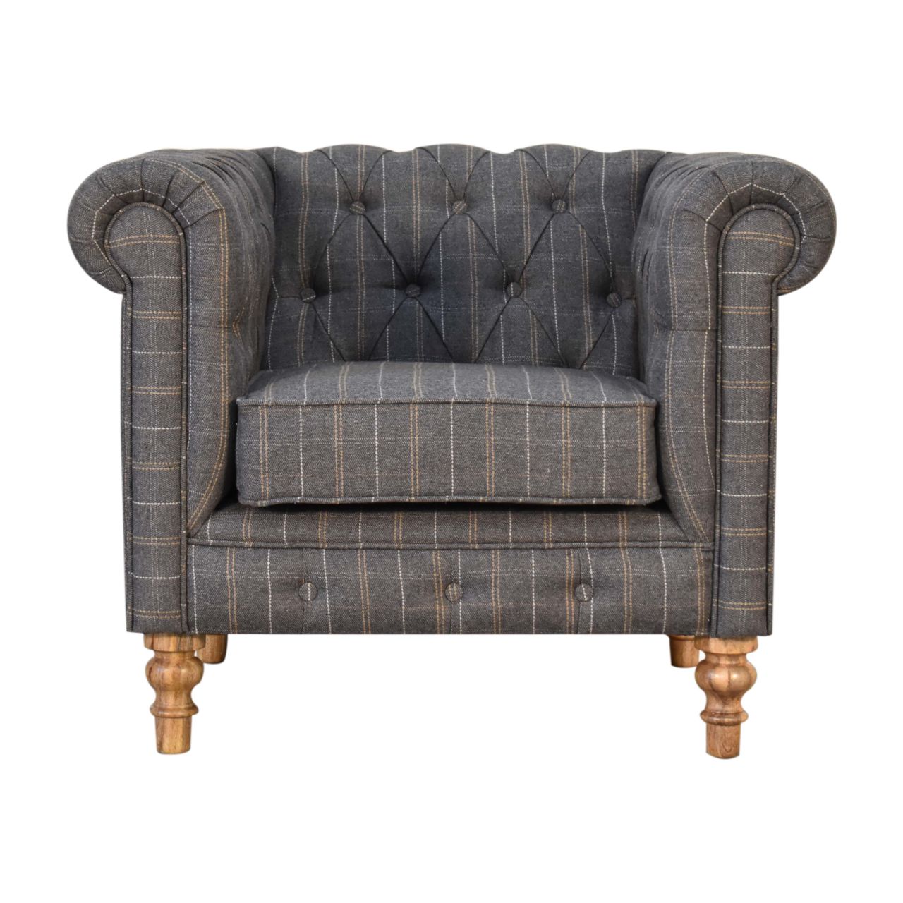 Solid Mango Wood Natural Finished Pewter Tweed Chesterfield Armchair