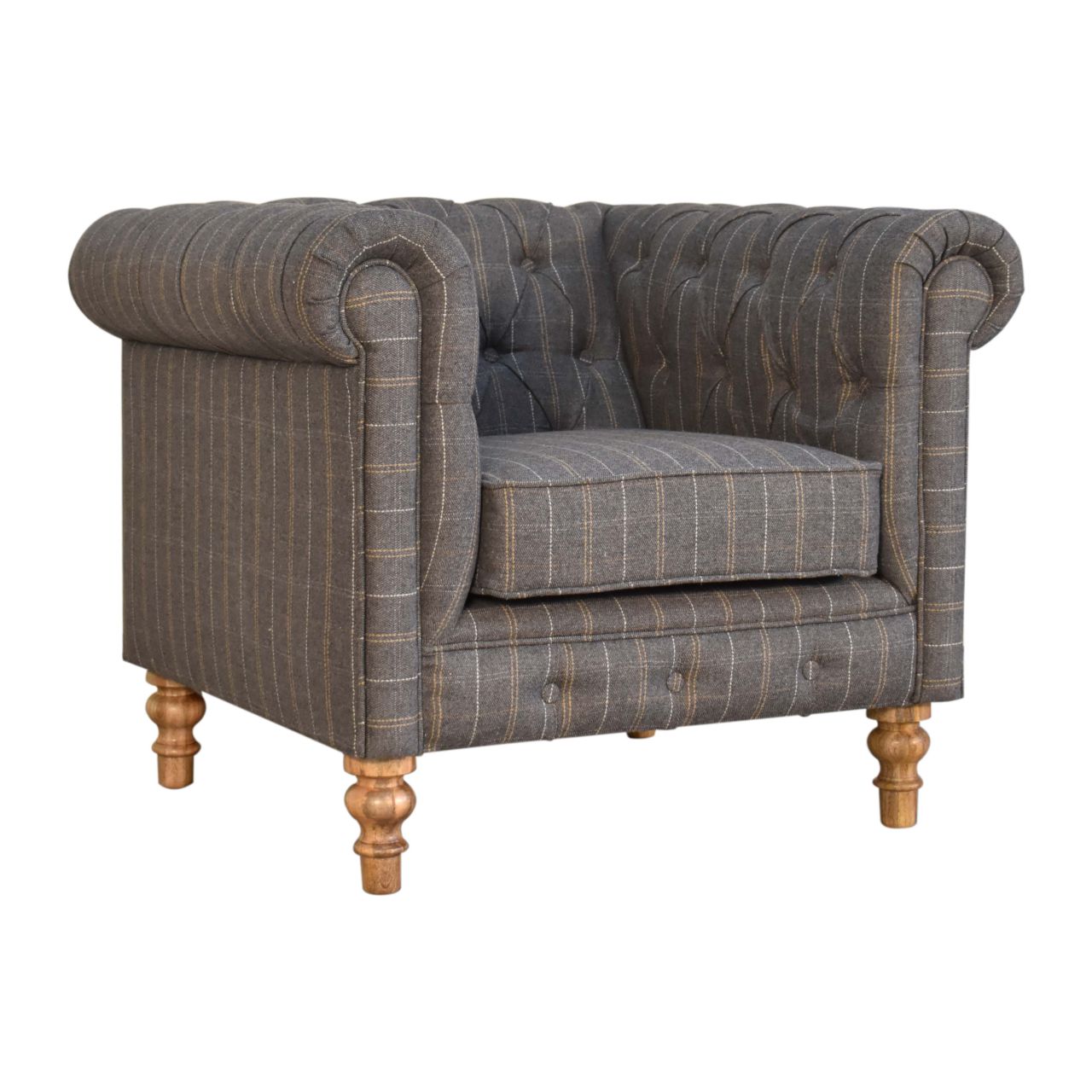 Solid Mango Wood Natural Finished Pewter Tweed Chesterfield Armchair - Image 2