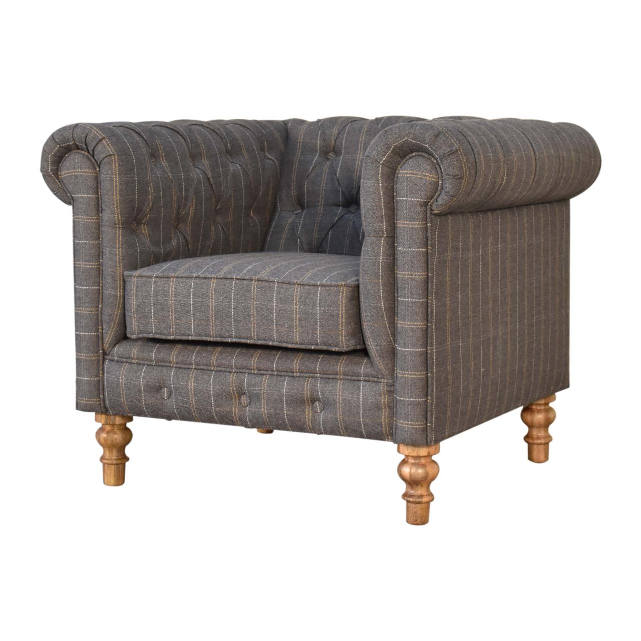 Solid Mango Wood Natural Finished Pewter Tweed Chesterfield Armchair - Image 3