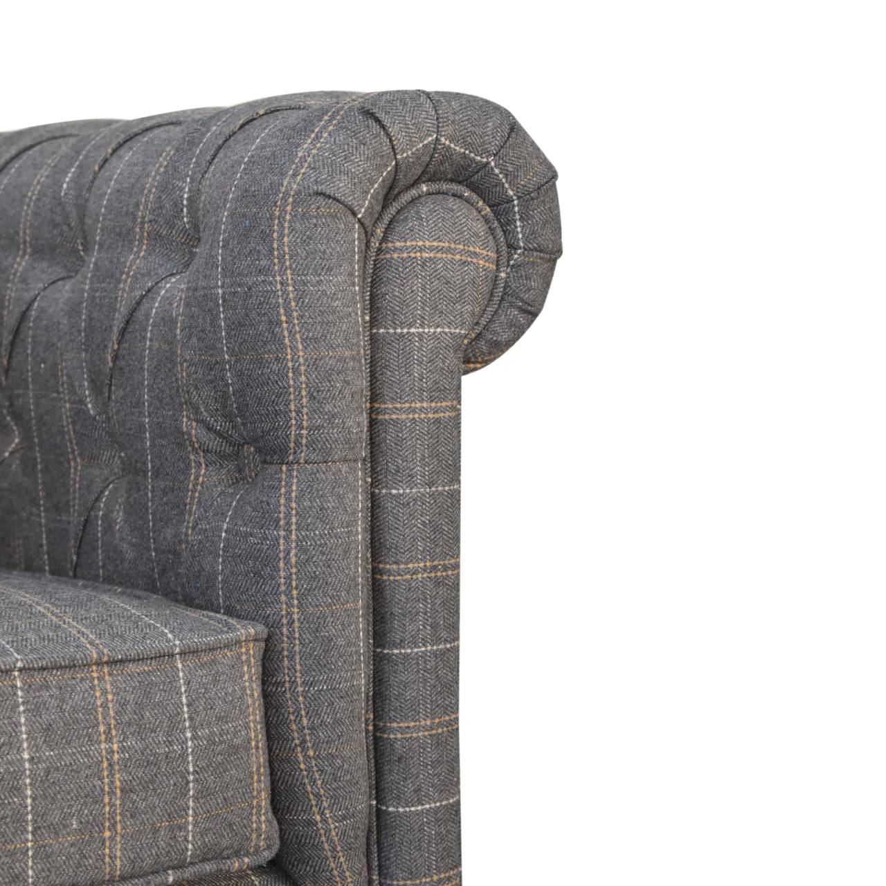 Solid Mango Wood Natural Finished Pewter Tweed Chesterfield Armchair - Image 5