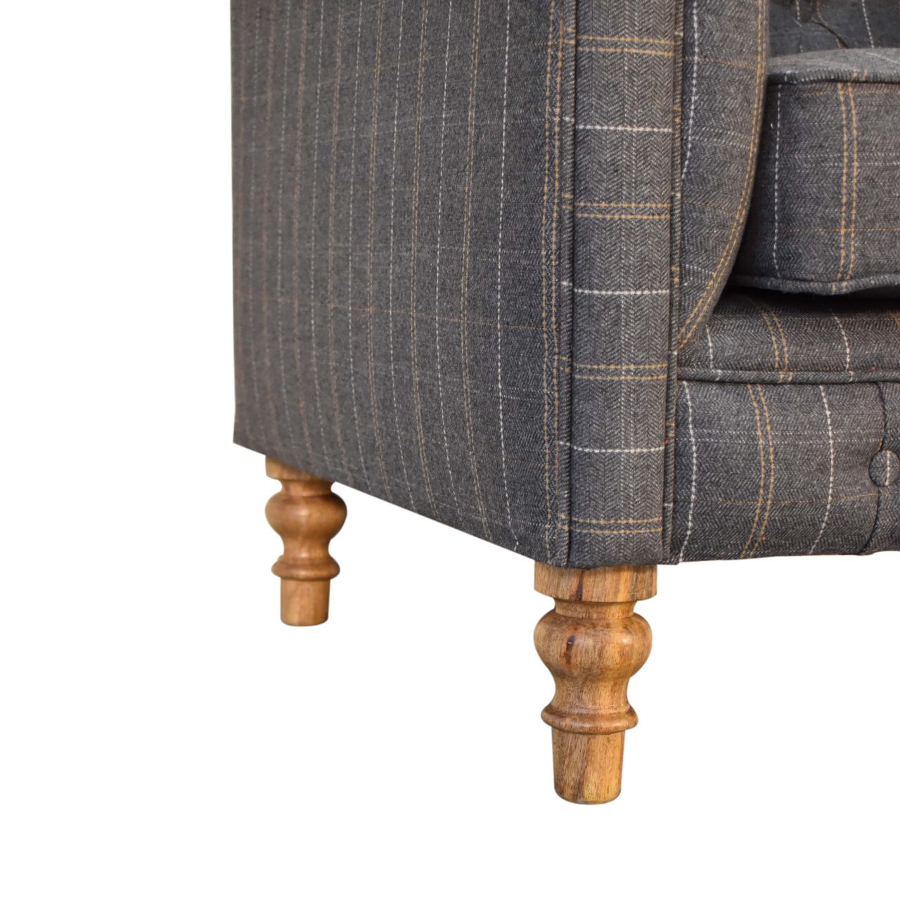Solid Mango Wood Natural Finished Pewter Tweed Chesterfield Armchair - Image 7