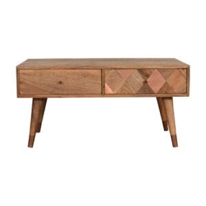 Solid Mango Wood Oak Finished Copper Inlay Coffee Table