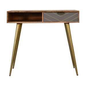 Solid Mango Wood Oak Finished 1 Cement Drawer Brass Cable Writing Desk
