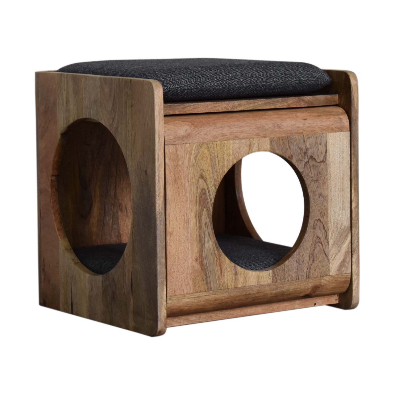 Solid Mango Wood Round Cut-out Pet Bed with Seat Pad - Image 2