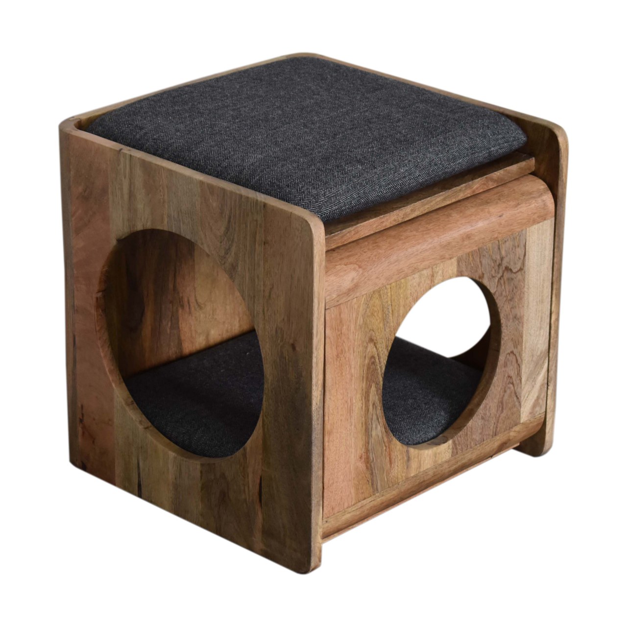 Solid Mango Wood Round Cut-out Pet Bed with Seat Pad - Image 4