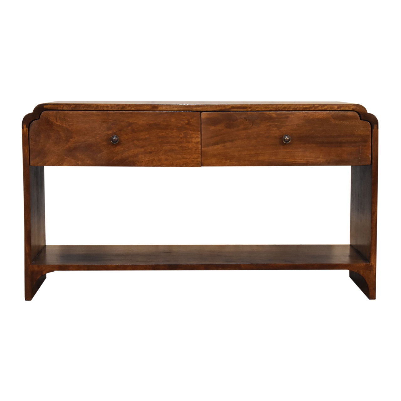 Solid Mango Wood Chestnut Finished Two Drawer One Slot Curved Top Newton Console Table