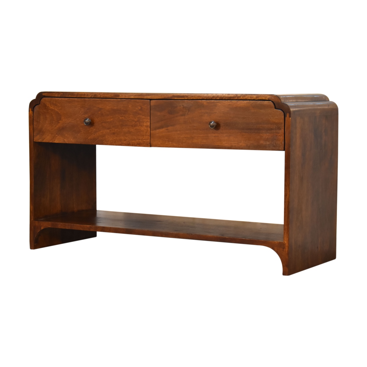 Solid Mango Wood Chestnut Finished Two Drawer One Slot Curved Top Newton Console Table - Image 2
