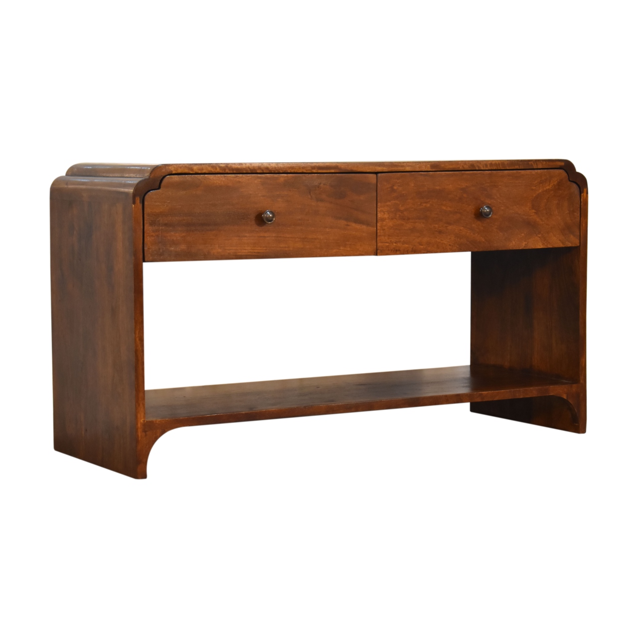 Solid Mango Wood Chestnut Finished Two Drawer One Slot Curved Top Newton Console Table - Image 3