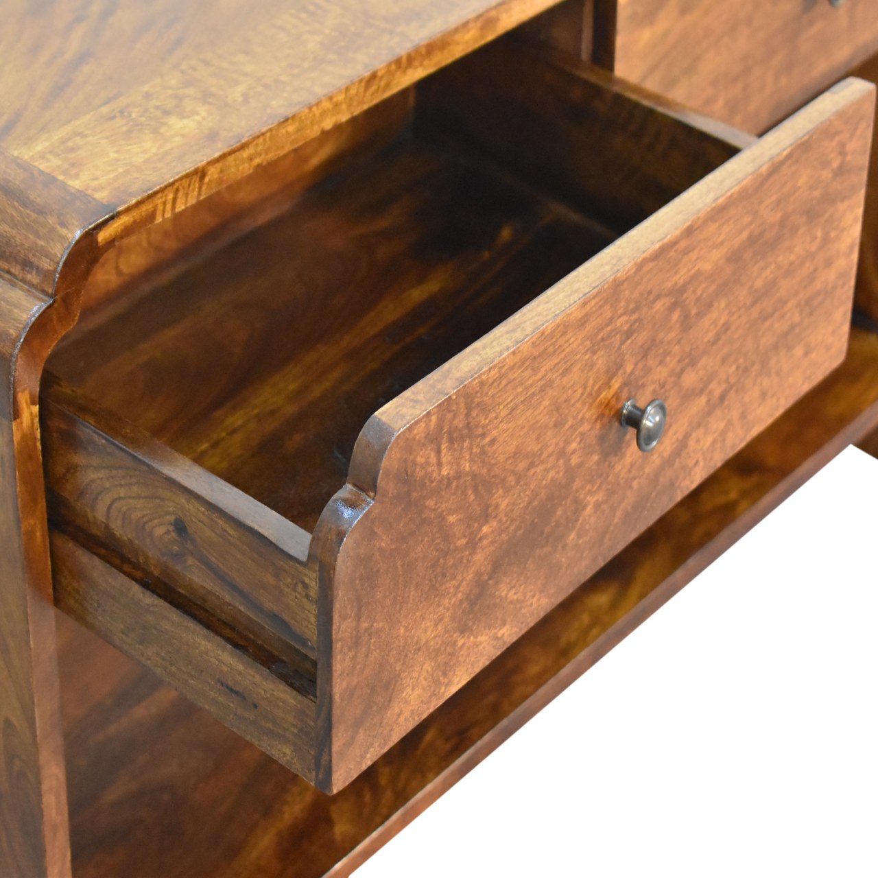 Solid Mango Wood Chestnut Finished Two Drawer One Slot Curved Top Newton Console Table - Image 5