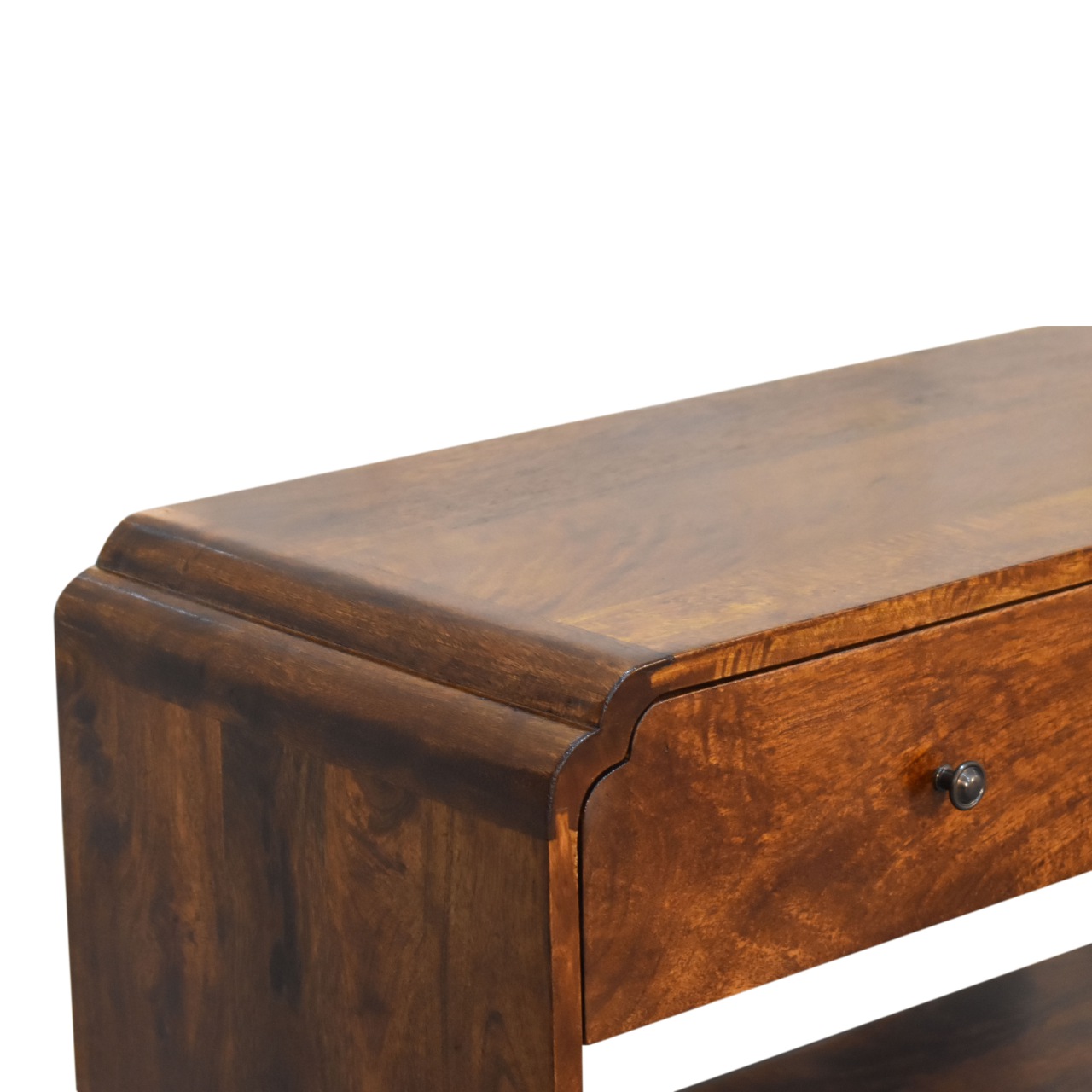 Solid Mango Wood Chestnut Finished Two Drawer One Slot Curved Top Newton Console Table - Image 6