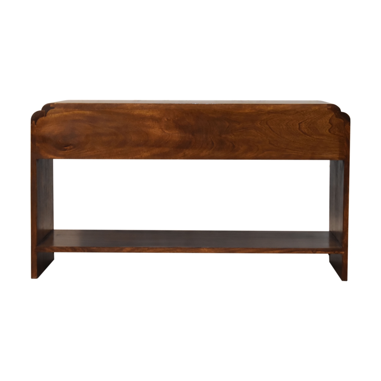 Solid Mango Wood Chestnut Finished Two Drawer One Slot Curved Top Newton Console Table - Image 9