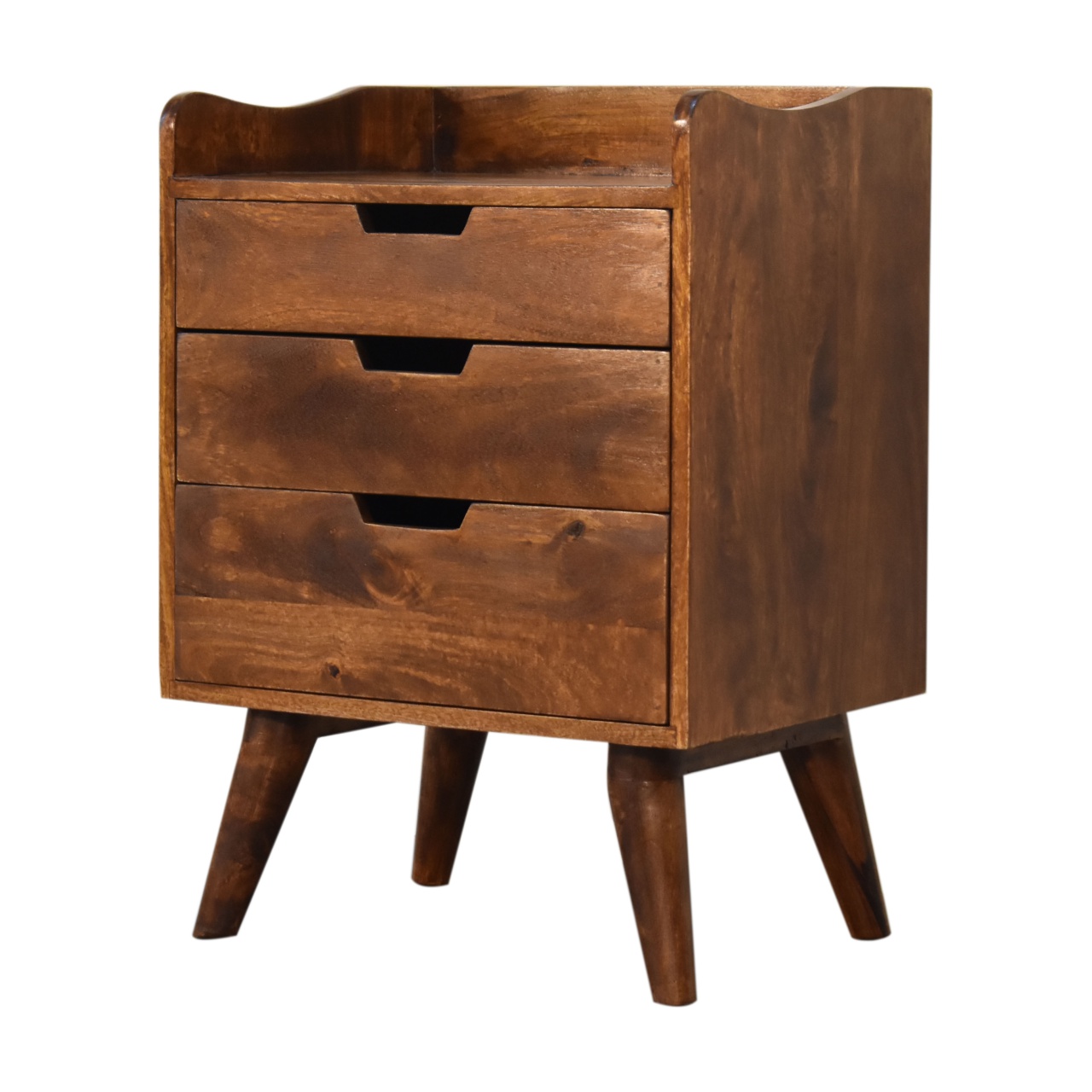 Solid Mango Wood Chestnut Finished 3 Drawer Gallery Back Bedside - Image 2