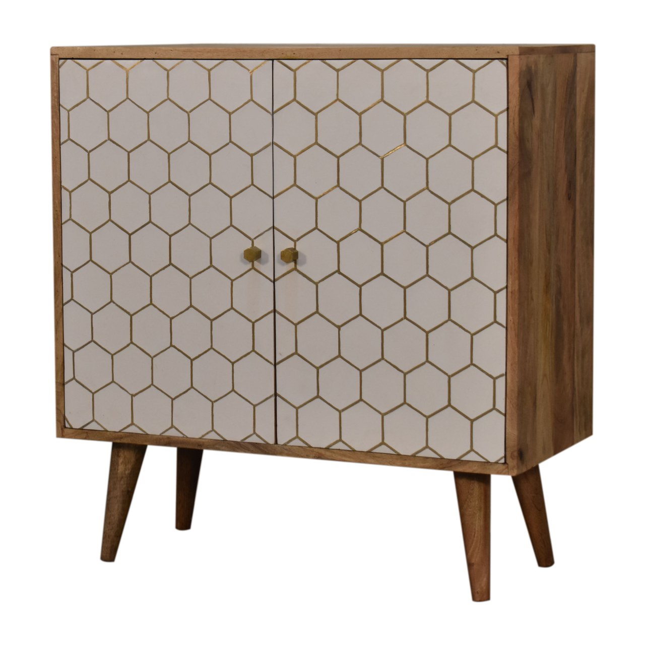 Solid Mango Wood Honeycomb Patterned White Front with Brass Inlay Cassia Cabinet - Image 3