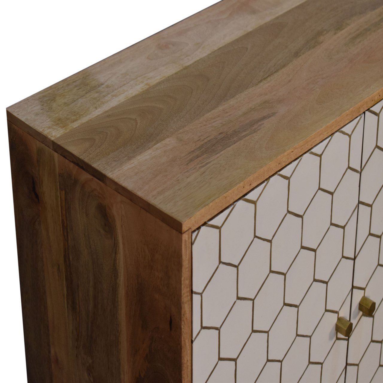 Solid Mango Wood Honeycomb Patterned White Front with Brass Inlay Cassia Cabinet - Image 4