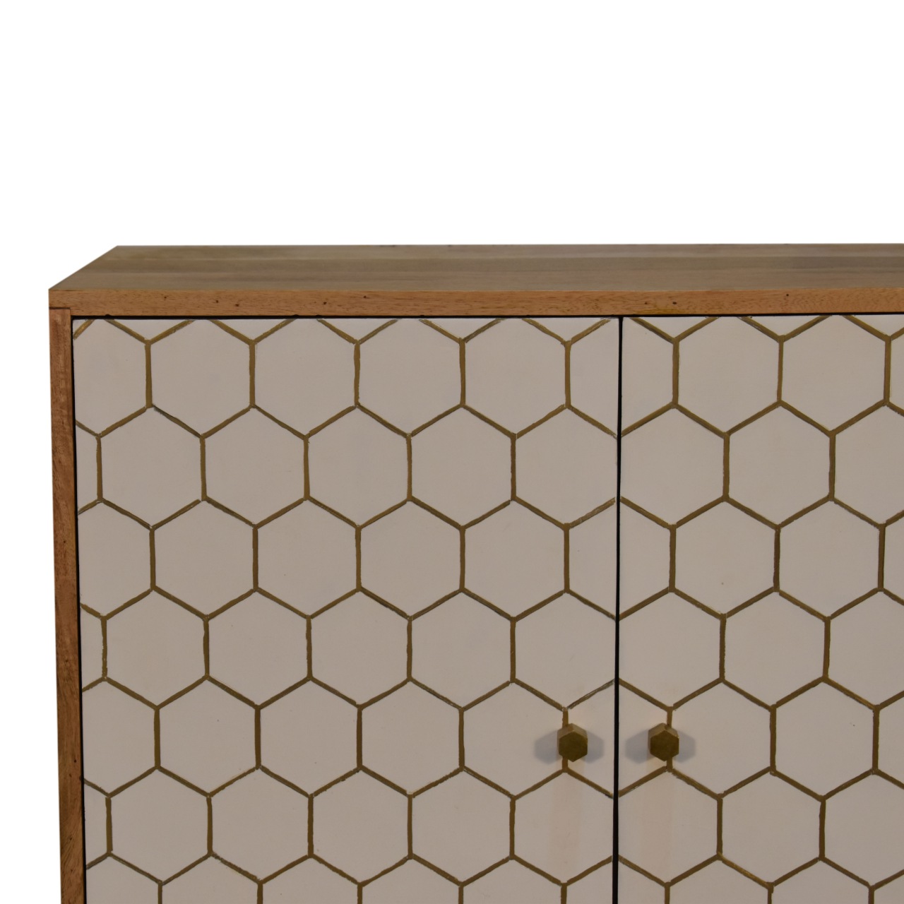 Solid Mango Wood Honeycomb Patterned White Front with Brass Inlay Cassia Cabinet - Image 5