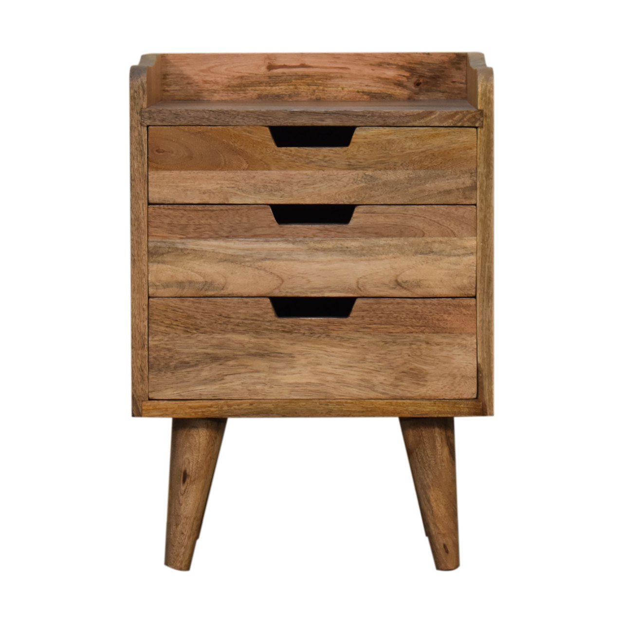 Solid Mango Wood Oak Scandinavian Style 3 Drawer Gallery Back Bedside