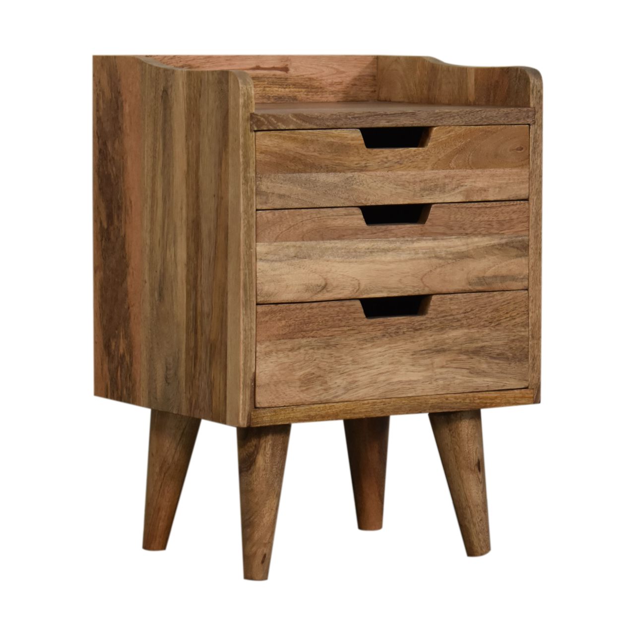 Solid Mango Wood Oak Scandinavian Style 3 Drawer Gallery Back Bedside - Image 3