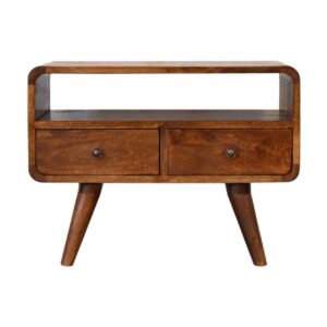 Solid Mango Wood Mini Chestnut Curved Media Unit with 2 Drawers