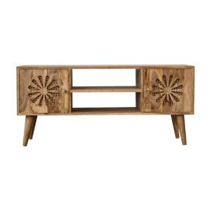 Solid Mango Wood Oak and Rattan Finished Rosalie 2 Door with Shelves Media Unit