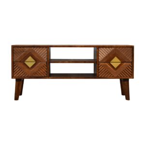 Solid Mango Wood Chestnut and Brass Finished 2 Slots 4 Drawer Media Unit