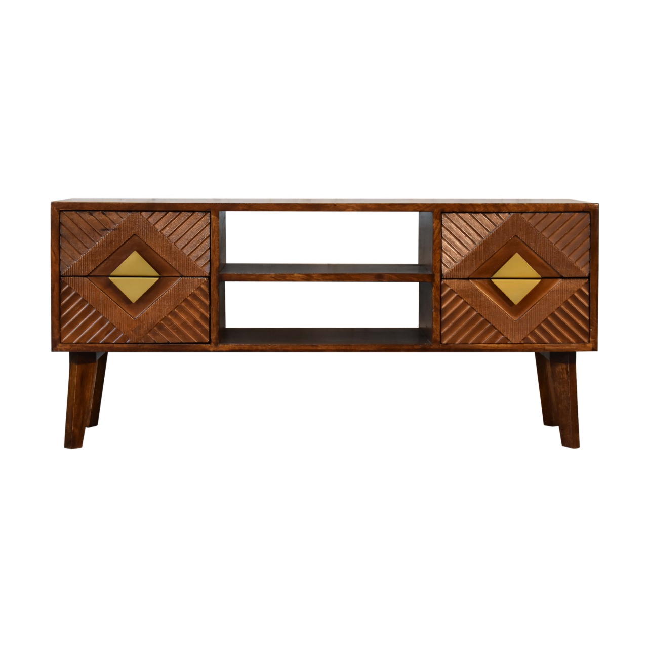Solid Mango Wood Chestnut and Brass Finished 2 Slots 4 Drawer Media Unit