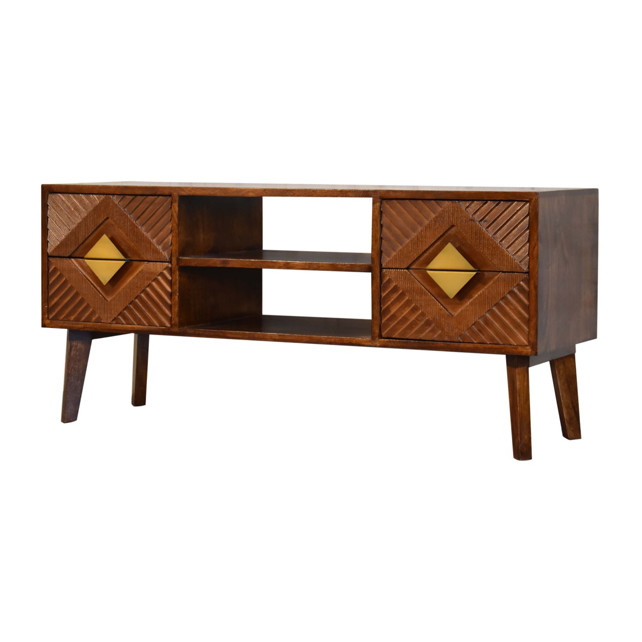 Solid Mango Wood Chestnut and Brass Finished 2 Slots 4 Drawer Media Unit - Image 2