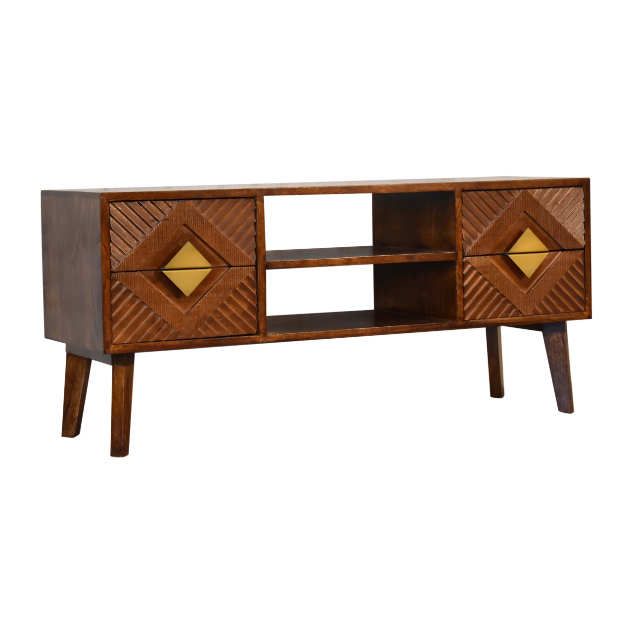 Solid Mango Wood Chestnut and Brass Finished 2 Slots 4 Drawer Media Unit - Image 3