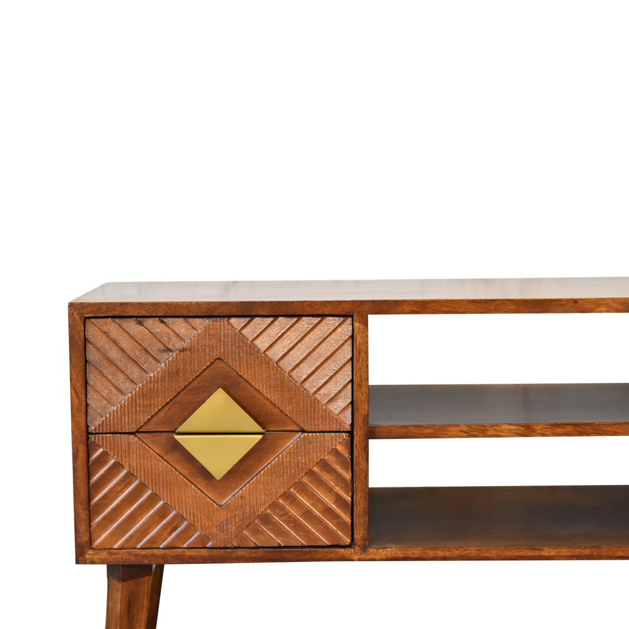 Solid Mango Wood Chestnut and Brass Finished 2 Slots 4 Drawer Media Unit - Image 4