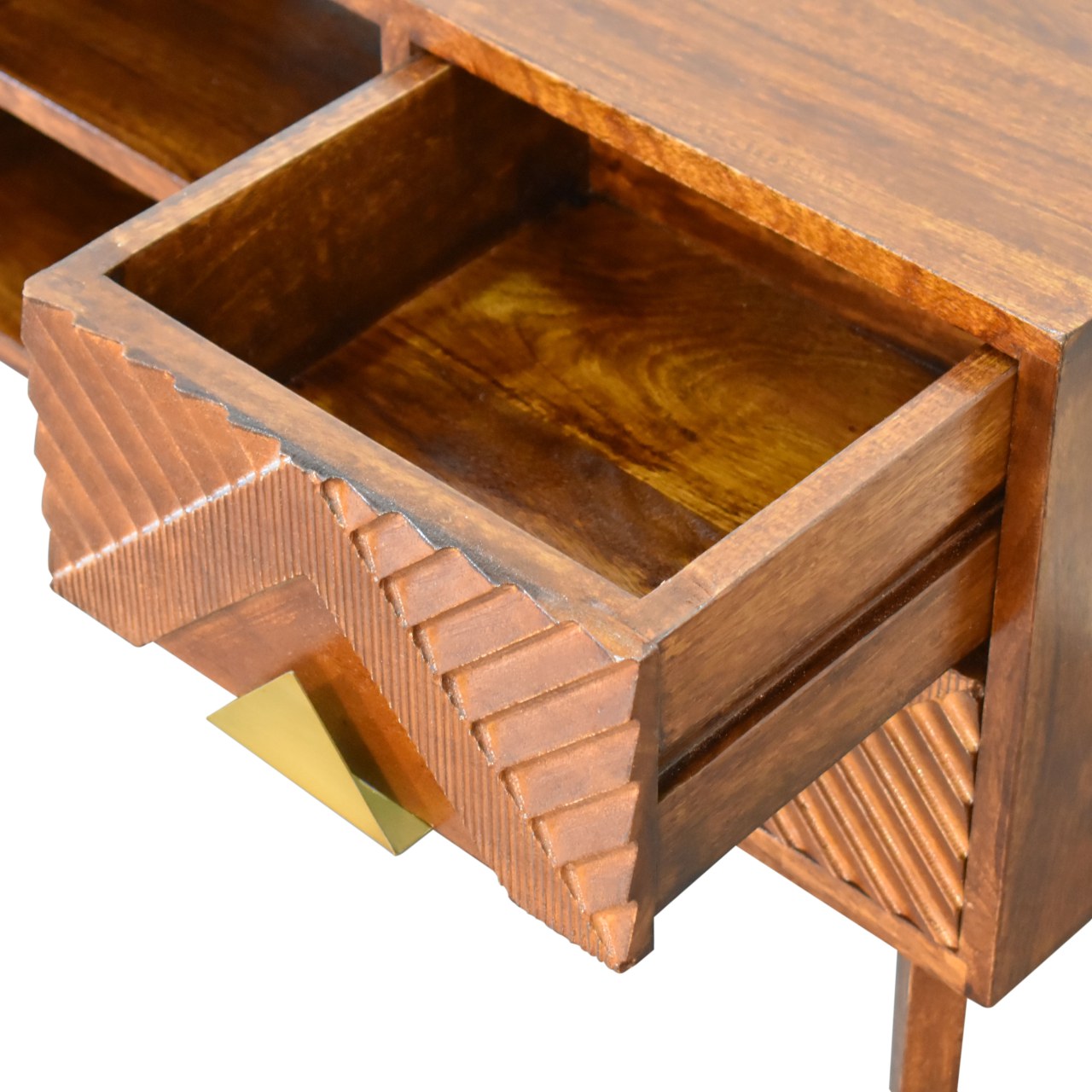 Solid Mango Wood Chestnut and Brass Finished 2 Slots 4 Drawer Media Unit - Image 5