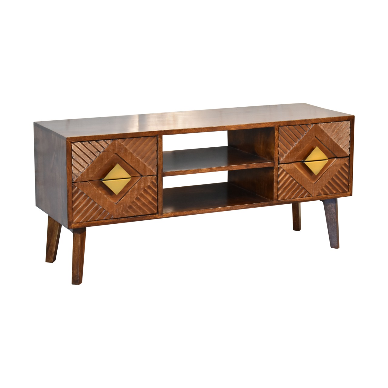 Solid Mango Wood Chestnut and Brass Finished 2 Slots 4 Drawer Media Unit - Image 7