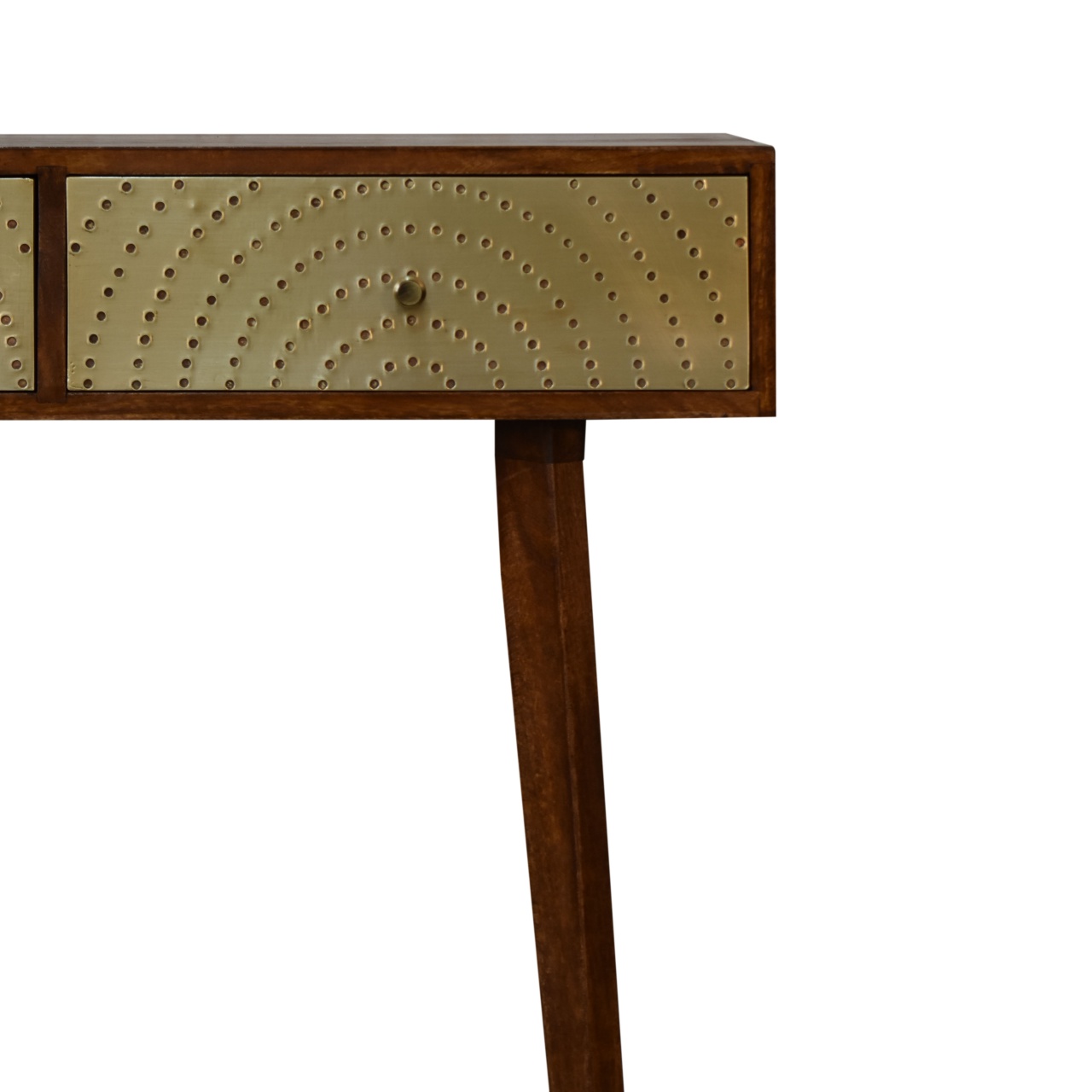 Solid Mango Wood Chestnut and Brass Finished 2 Drawer Console Table - Image 4