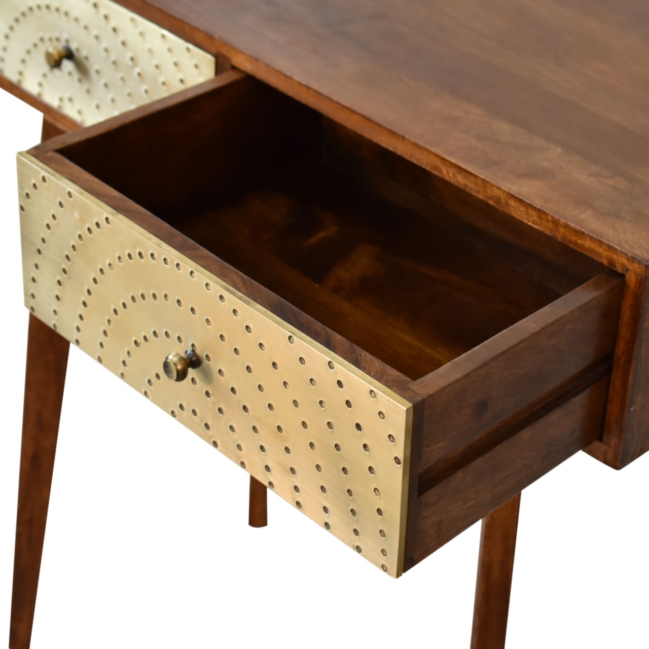Solid Mango Wood Chestnut and Brass Finished 2 Drawer Console Table - Image 6