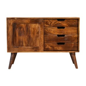 Solid Mango Wood Chestnut Finished Sliding Cabinet with 4 Drawers