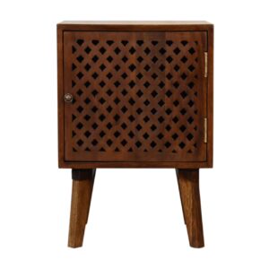 Solid Mango Wood Chestnut Finished Carved Front 1 Door Bedside
