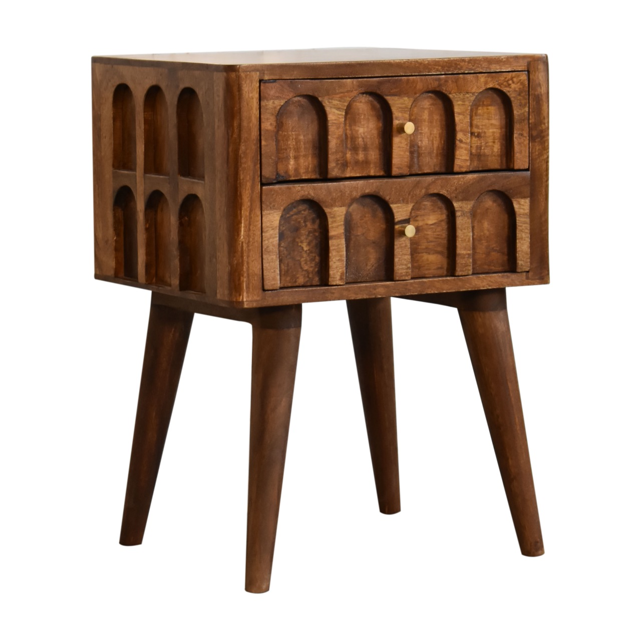Solid Mango Wood Chestnut Finished Arch Carved 2 Drawer Bedside - Image 2