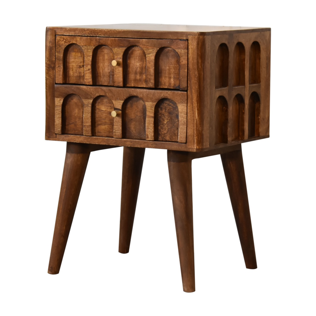 Solid Mango Wood Chestnut Finished Arch Carved 2 Drawer Bedside - Image 3