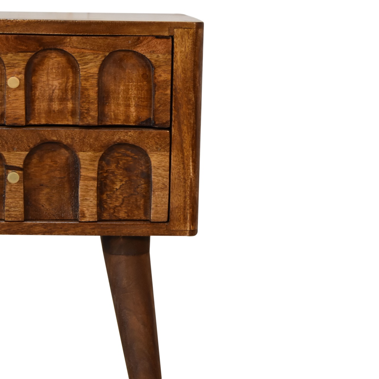 Solid Mango Wood Chestnut Finished Arch Carved 2 Drawer Bedside - Image 4
