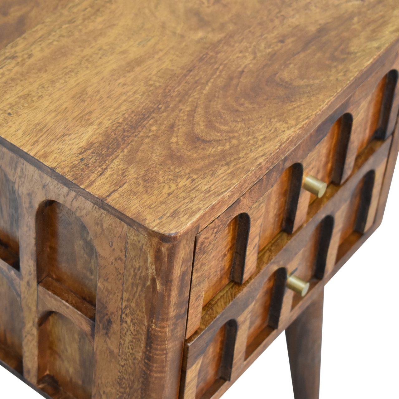 Solid Mango Wood Chestnut Finished Arch Carved 2 Drawer Bedside - Image 5