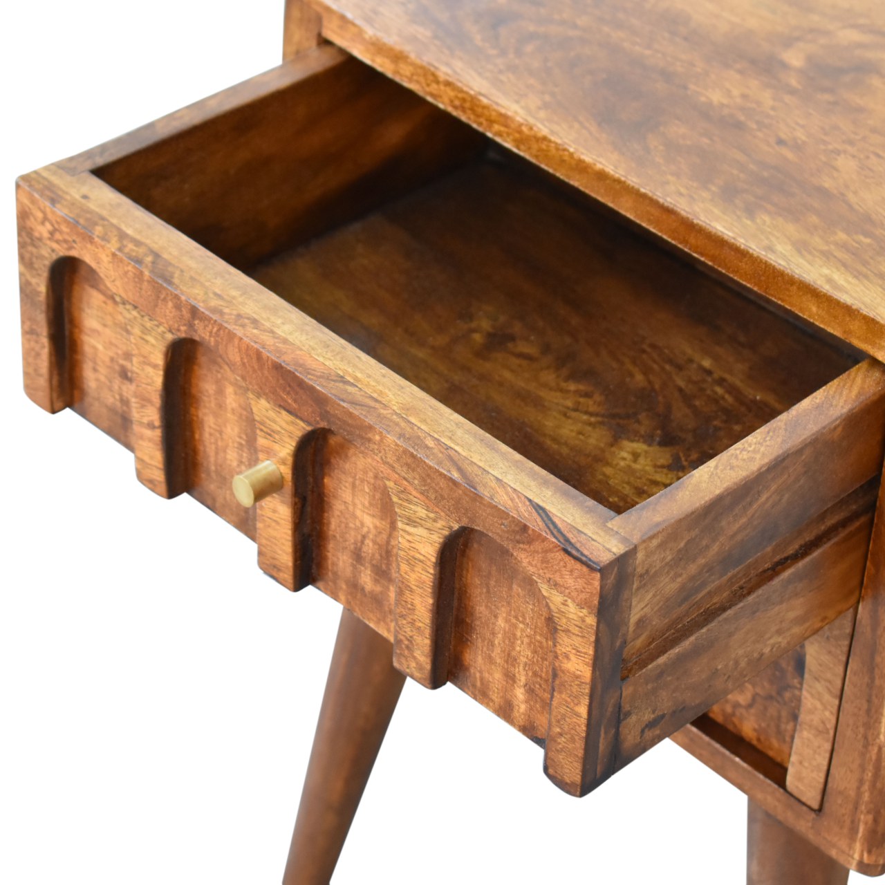 Solid Mango Wood Chestnut Finished Arch Carved 2 Drawer Bedside - Image 6