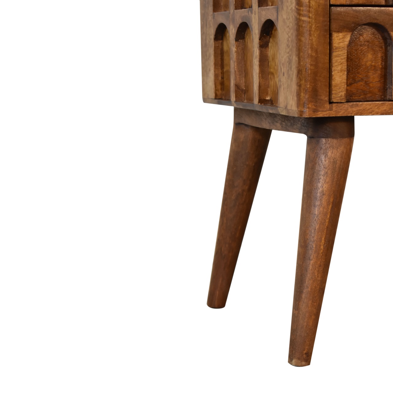 Solid Mango Wood Chestnut Finished Arch Carved 2 Drawer Bedside - Image 7