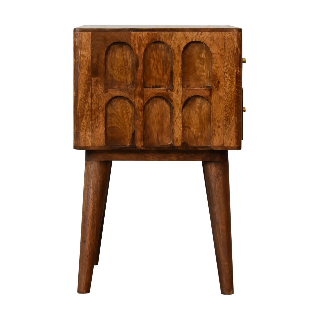 Solid Mango Wood Chestnut Finished Arch Carved 2 Drawer Bedside - Image 8