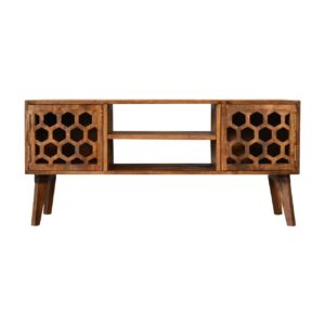 Solid Mango Wood Chestnut Finished Honeycomb Patterned Media Unit