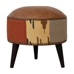 Solid Mango Wood Durrie and Leather Mixed Footstool