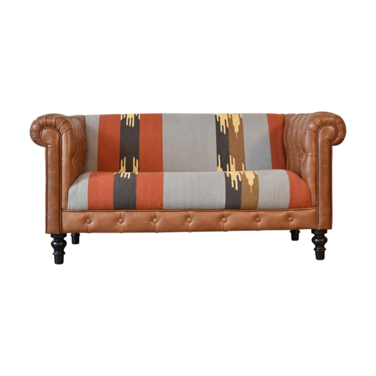 Solid Mango Wood Walnut Finished Durrie and Leather Sofa